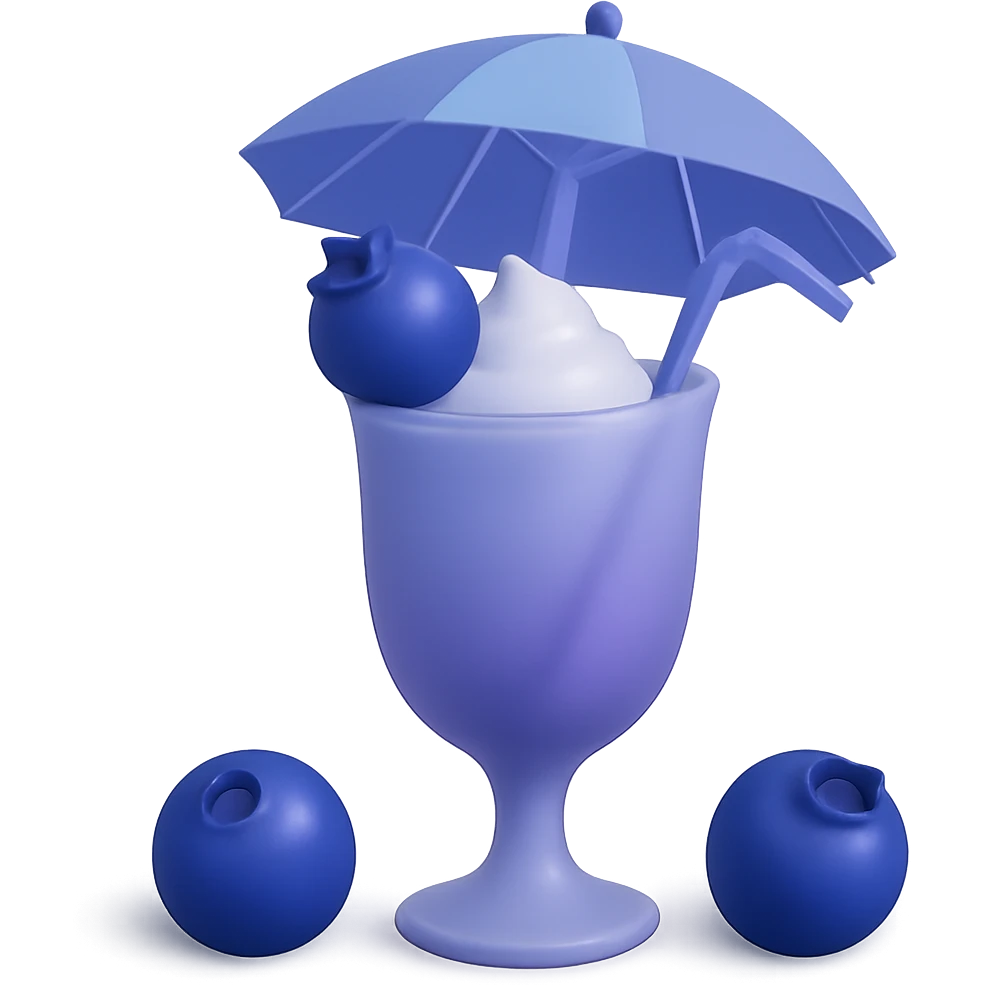 Change the image to a blueberry milkshake theme using cool blue and purple tones. Keep the glass with umbrella, tropical vibe, and blueberry on top. Remove the background. emoji