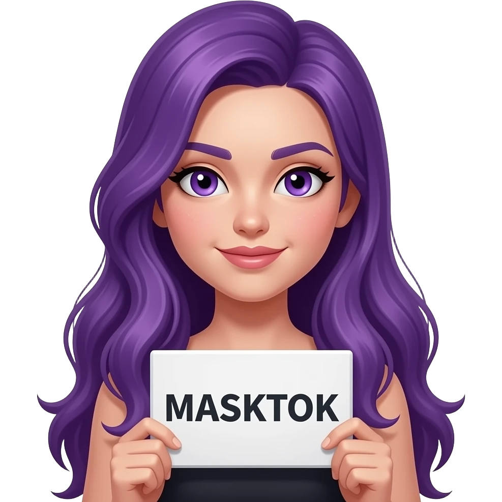 sexy girl with long purple hair and purple eyes holding a MASKTOK sign emoji