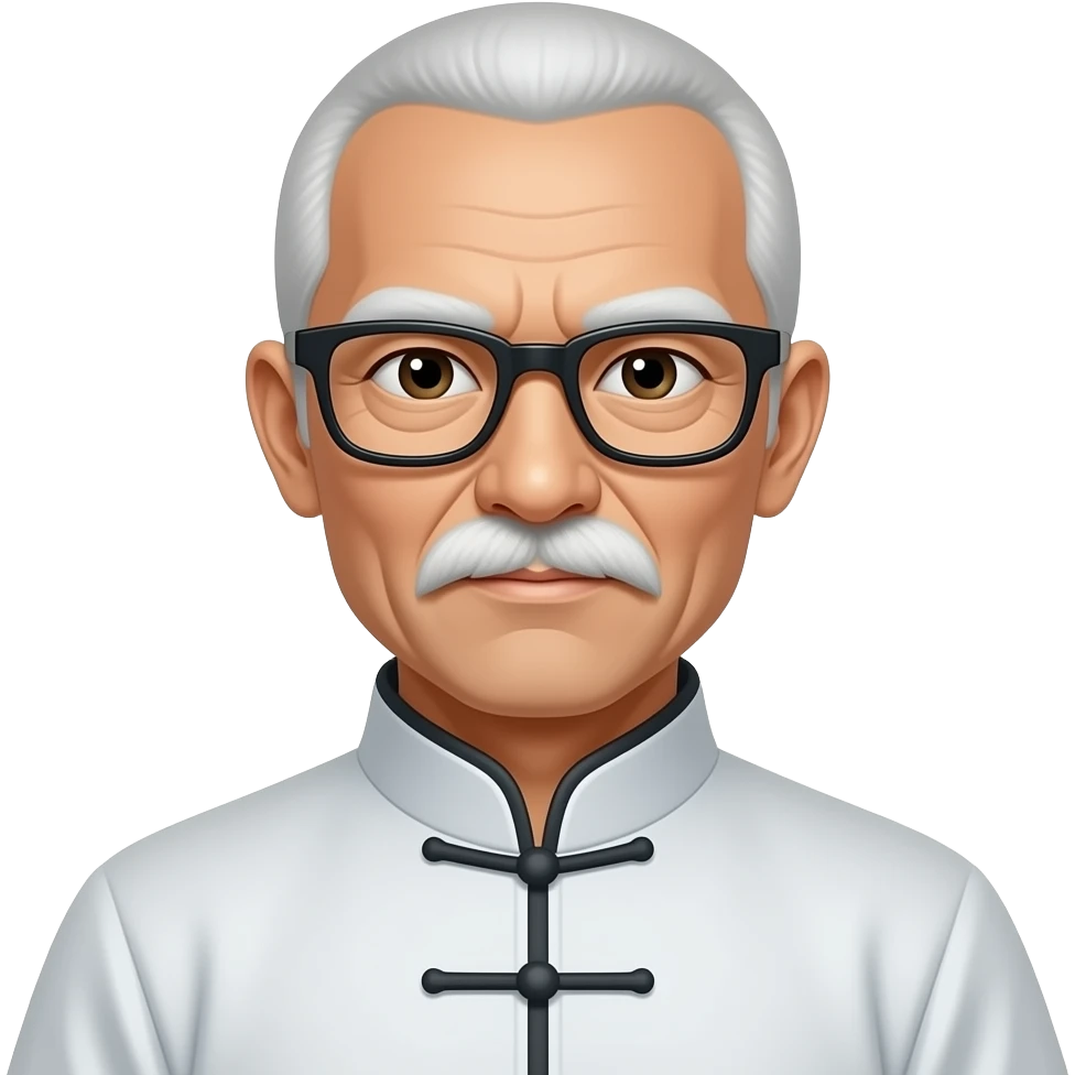Personnage taichi lunette noire moustache blanche pas beaucoup de cheveux visage fin tenue de taichi emoji