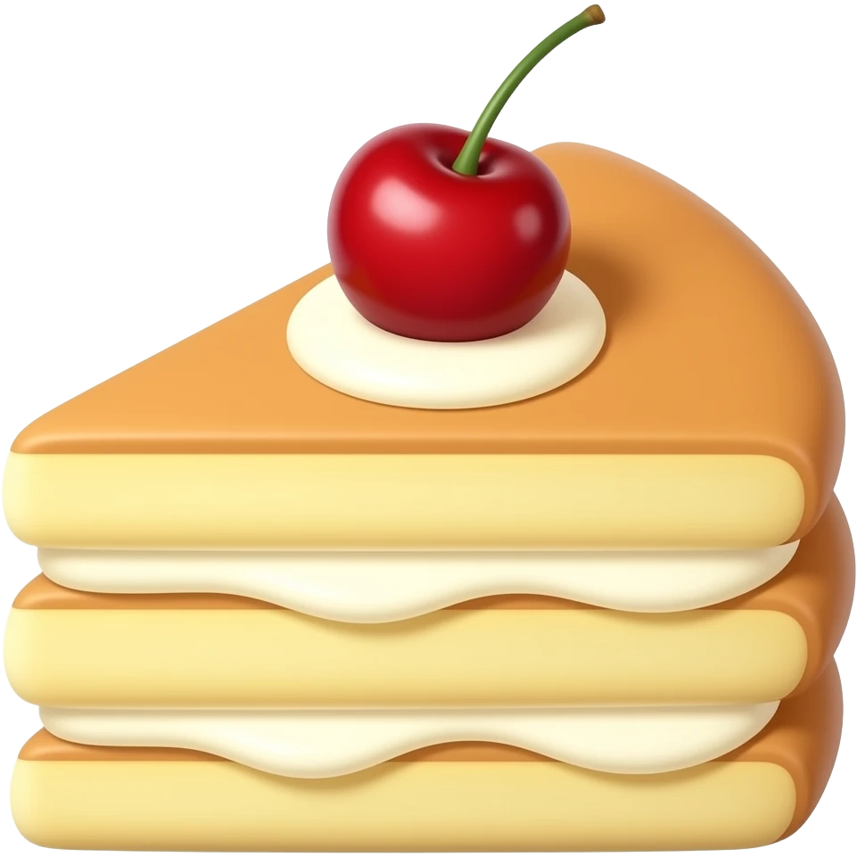 , slice of pancake with cream layers and a glossy red cherry on top, soft sponge texture, smooth cream filling, vibrant colors, clean orthographic side view, slightly front-facing, soft rounded shapes, glossy cartoon material, subtle texture, soft top lighting, centered composition, emoji