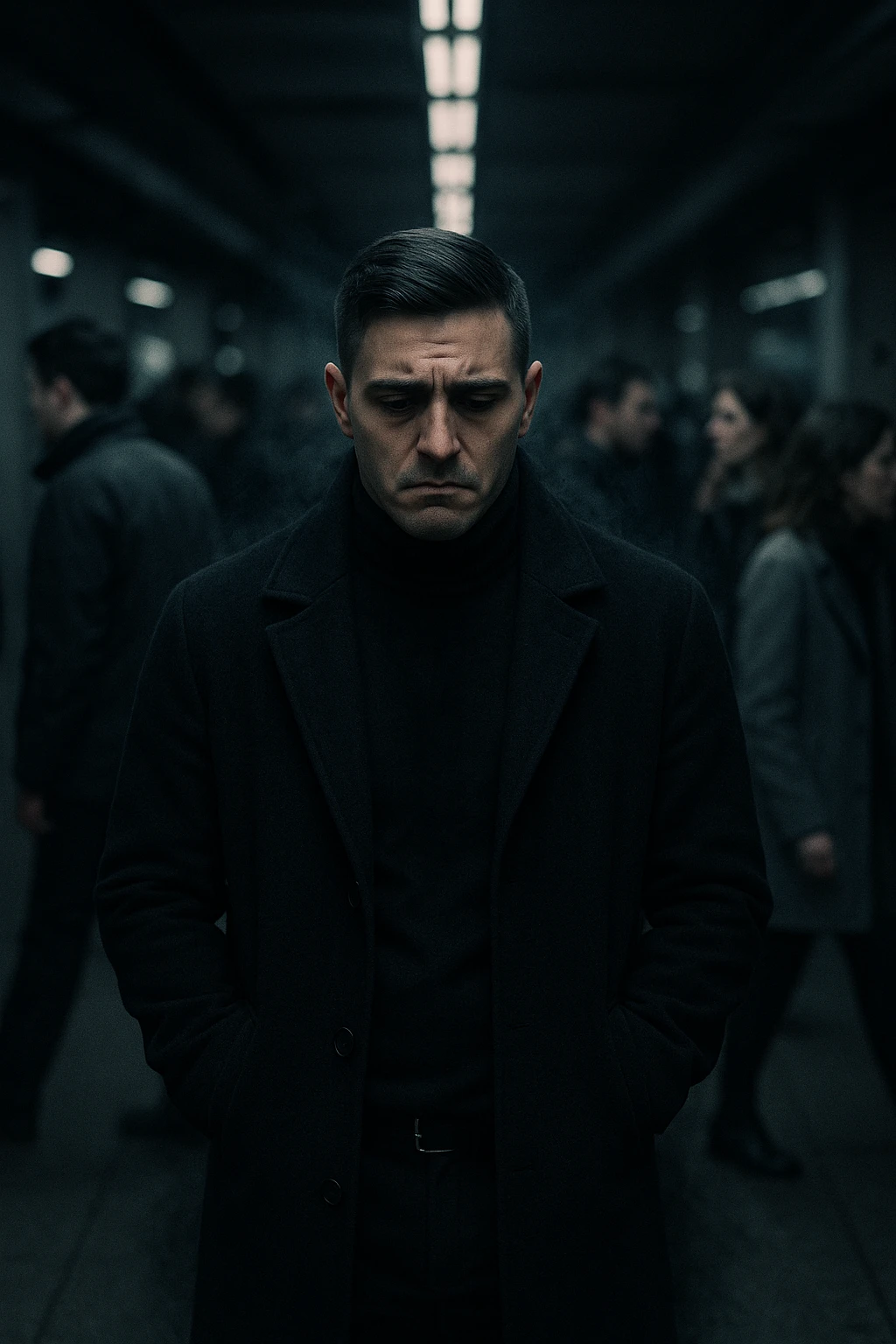 A cinematic shot of a man in his early 30s standing still in the middle of a crowded urban environment — perhaps a subway platform or office hallway — surrounded by blurred, cold-looking people facing away from him or speaking among themselves, ignoring him completely. The man has a heavy, emotionally drained expression, shoulders slightly slouched, hands in his coat pockets. He stands out in sharp focus while the others are dimly lit, grey-toned, and in motion blur. The lighting is harsh and cool, with strong shadows and low saturation to emphasize emotional isolation. A subtle dark aura or mist lingers around the man’s body, visually conveying the weight of negativity and emotional pressure. Shot in 35mm cinematic style, high realism, with a desaturated color palette and shallow depth of field emoji