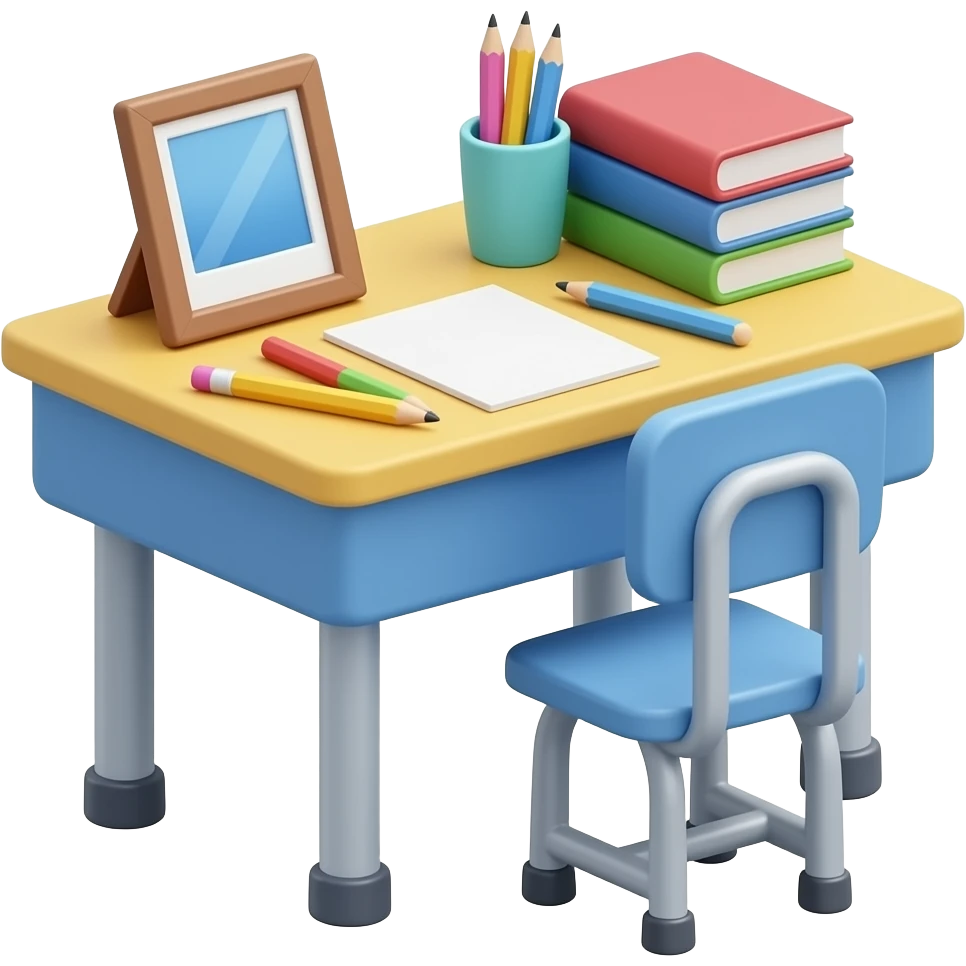 soft blue yellow school table with stuff and photo frame on, transparent background inspired by barbie colour pallete emoji