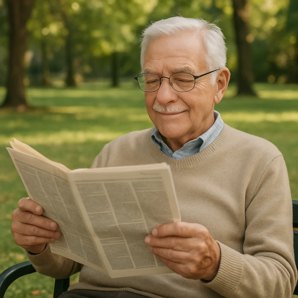 elderly man with gray hair, reading a newspaper, relaxed, wearing glasses, in a park emoji