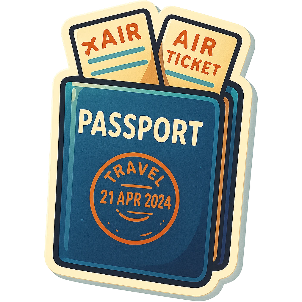 retro sticker-style illustration of a passport with two airline tickets sticking out at an angle, travel stamp visible on the passport cover, bold outlines, juicy colors, expressive shadows and highlights, playful and glossy look emoji