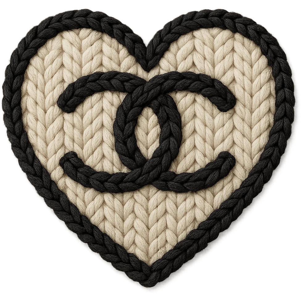 Chanel heart in knitted patch style, cozy texture, black and white, with a quilted pattern emoji