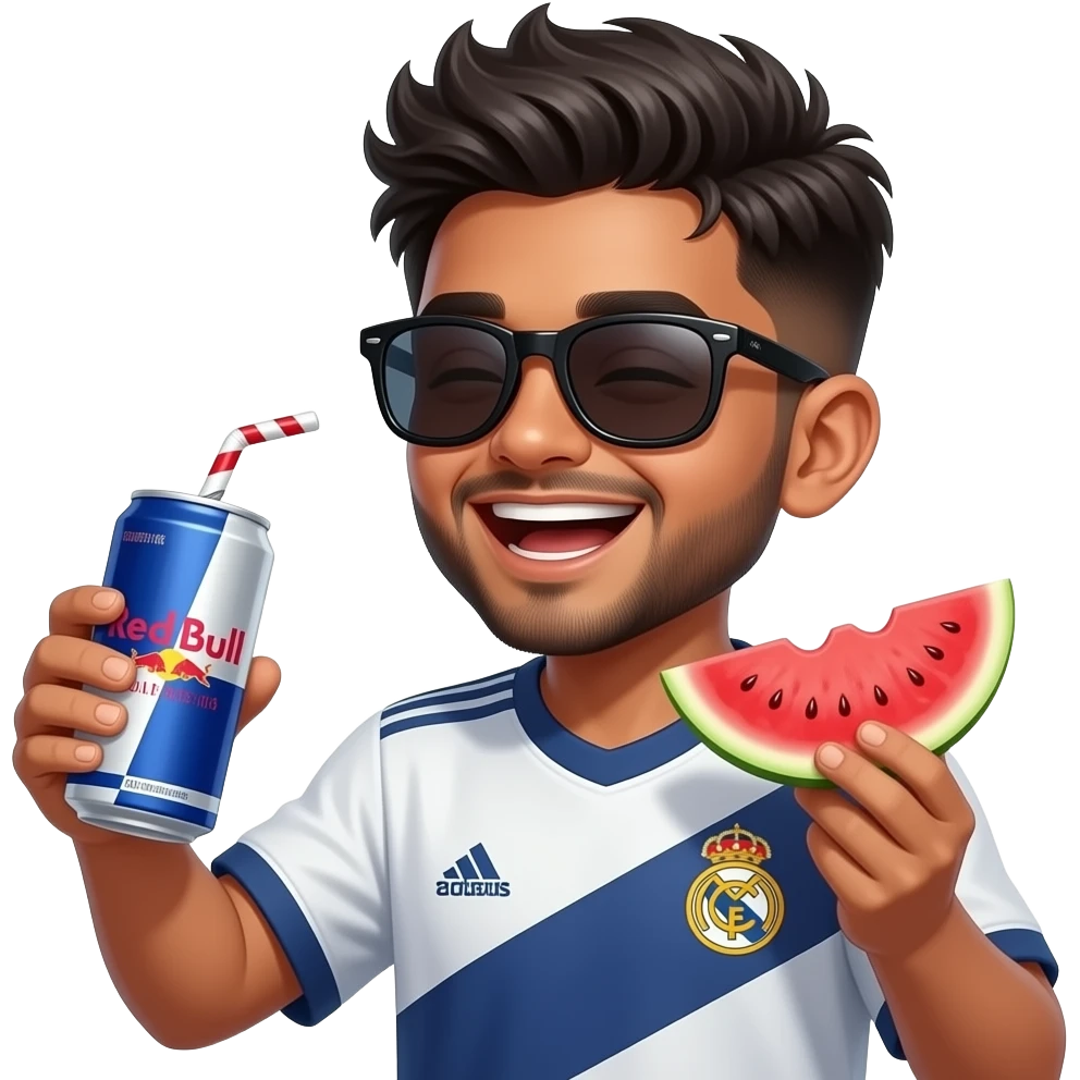Indian young boy laughing,, late teens, with light trimmed beard, side fades with messy spikes hairstyle, drinking red watermelon Can Red Bull with big dark black wayfarers and Real Madrid 2015-16 away kit emoji