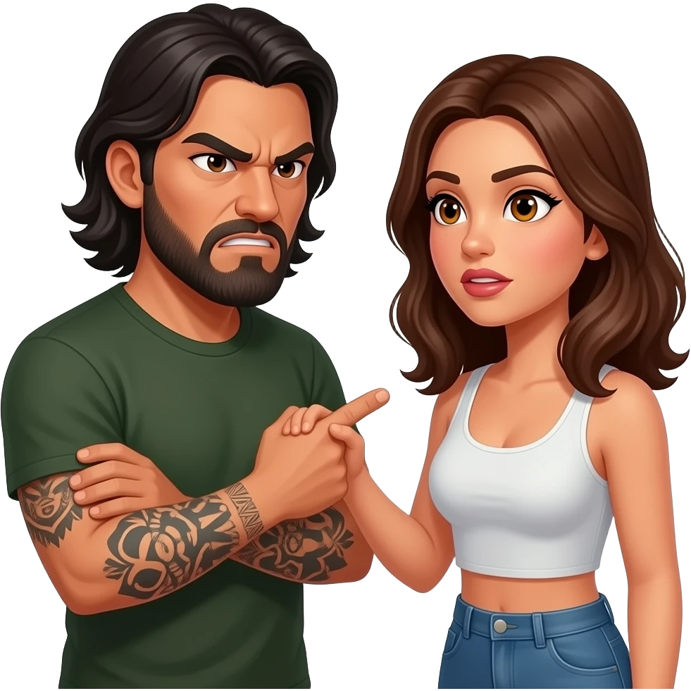 An angry Latino husband with medium length hair and beard and tattoos found out his wife was cheating on him with a bald, red bearded guy, and his wife is beautiful with hazel eyes and shoulder length brown hair and their relationship is broken emoji