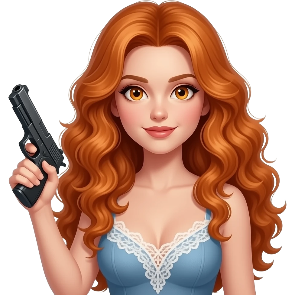 sexy girl with long curly ginger hair and ginger eyes holds a gun emoji