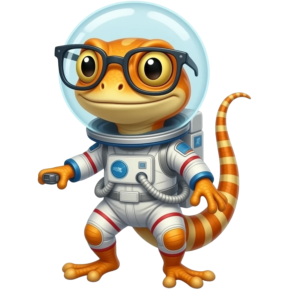 Quiero un diseño de gheco  listo para ir al espacio   color naranja con gafas y muy rebelde è irreverente emoji