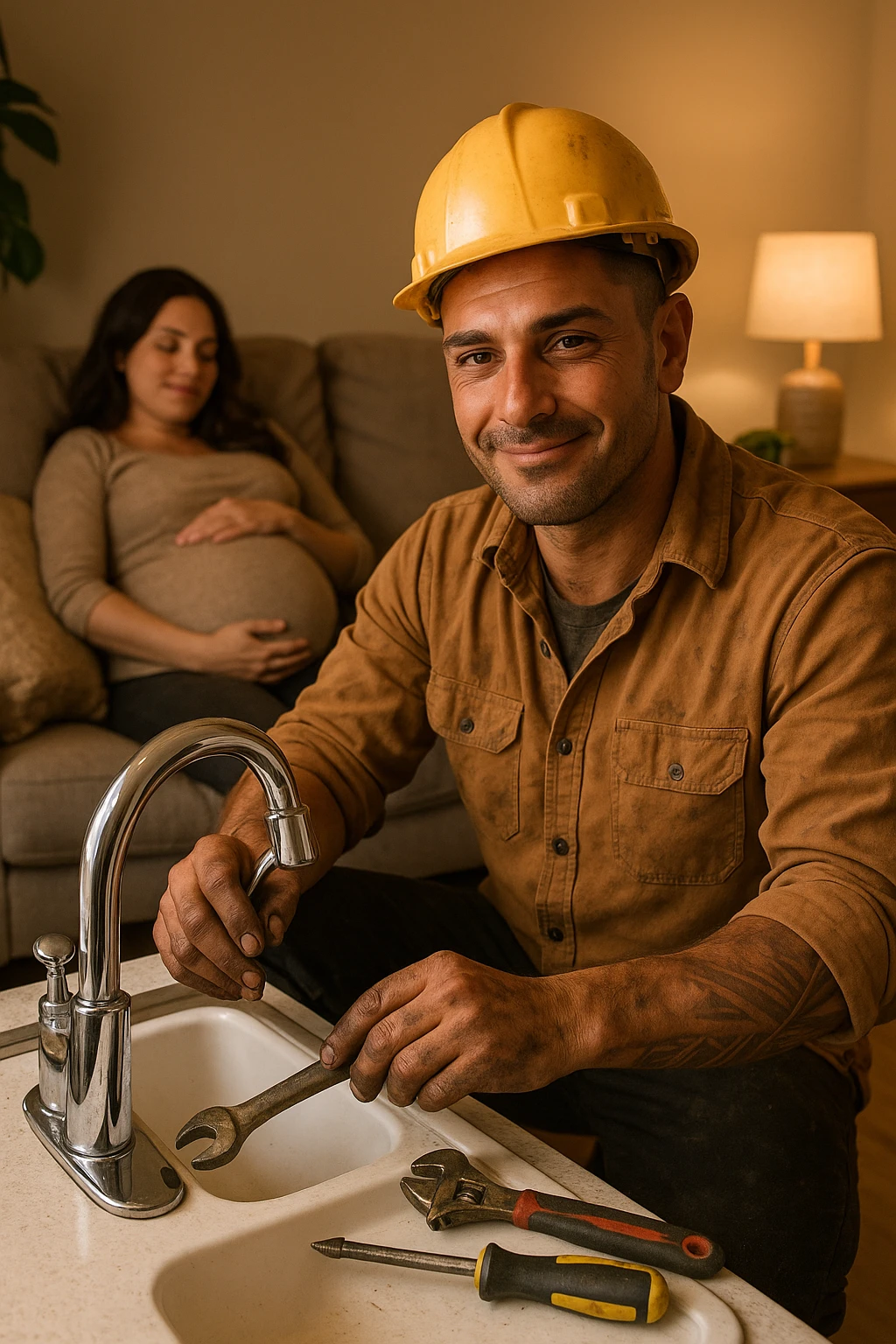 Construction worker coming home, immediately fixing leaky faucet without being asked, hands dirty but smile calm as his pregnant wife rests on couch emoji