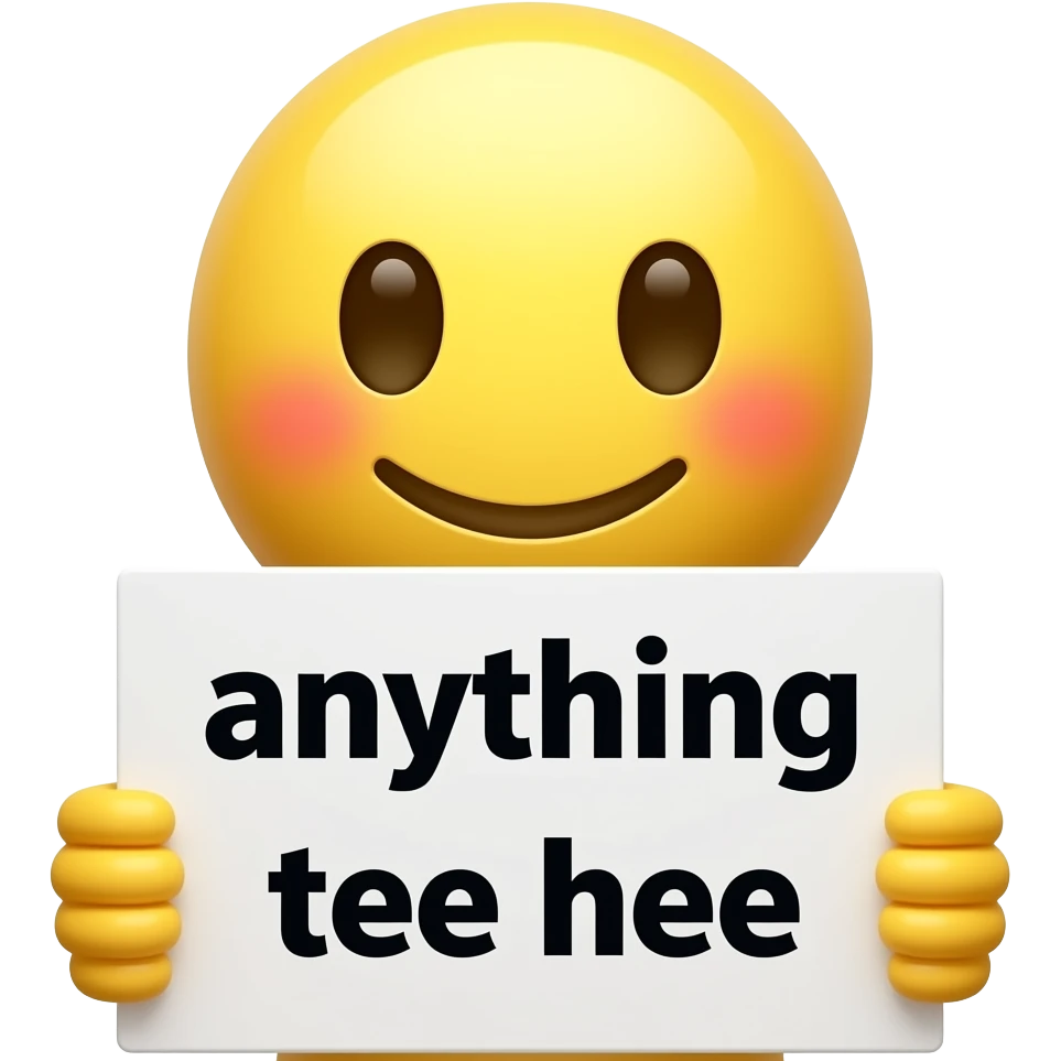 Yellow smiley blushing in love holding up a sign sign that says "anything for you tee hee" emoji