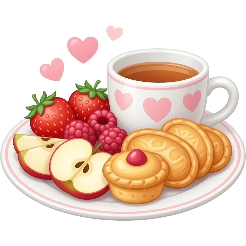 Aesthetic emoji-style illustration of a cozy snack plate for a reader, filled with strawberries, raspberries, sliced apples, small pastries, and a cup of tea, soft pastel colors, sparkles, hearts, bookish vibe, minimal background, kawaii emoji style, no characters emoji