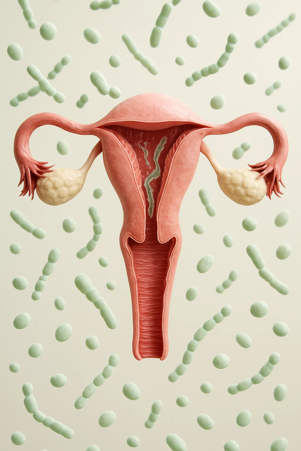 utero umano realistico con batteri della candida intorno, la foto si deve vedere per intero in formato verticale, sullo sfondo neutro chiaro ci sono batteri della candida, iperrealistico 4k emoji