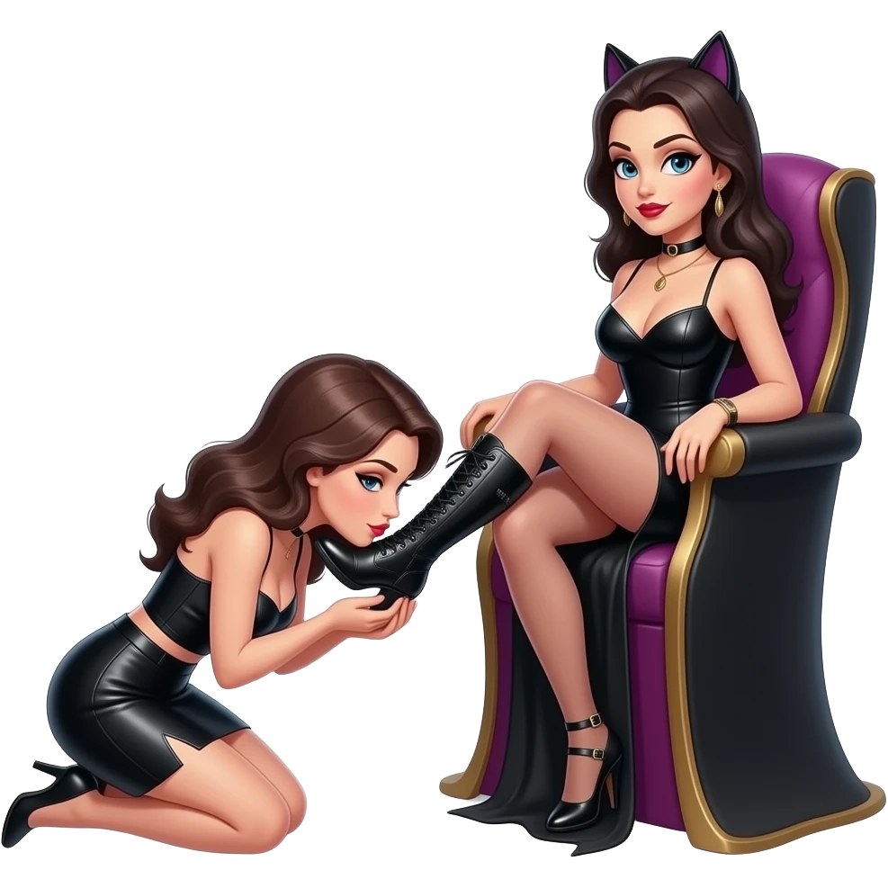 sitting dominatrix making a woman kneel and kiss her  boot emoji