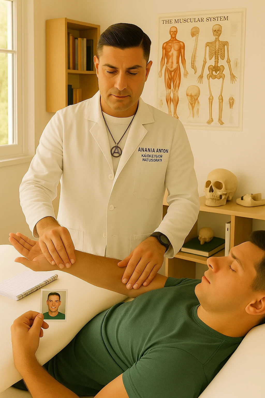 a middle-aged man, dressed in casual professional attire, is in a bright, organized therapy studio. Durante una visita di kinesiologia, il ragazzo tiene con una mano la foto di una persona lontana (il “testimone”) tiene la foto in mano, mentre con l’altra mano esegue un test muscolare su un cliente presente senza foto lui non tiene la foto. Sullo sfondo si vedono libri di kinesiologia, poster anatomici e strumenti tipici della disciplina. L’atmosfera è concentrata e serena, con luce naturale che entra dalla finestra, sottolineando l’aspetto alternativo e umano della pratica. emoji