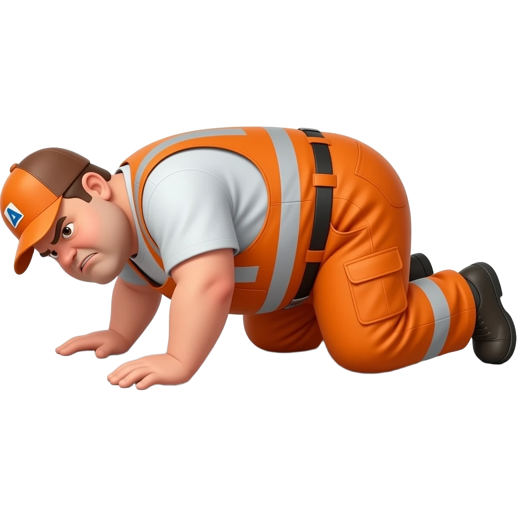 fat MAN, no hat, IN ORANGE HIVIS OVERALLS, not happy, laying face down on floor, side view emoji
