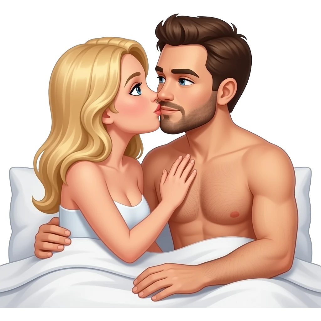 naked woman with blonde hair kissing naked man with brown hair and beard in bed emoji