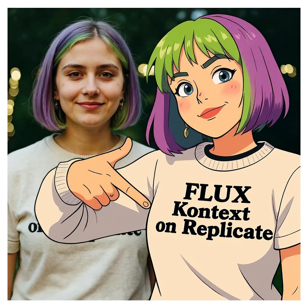 make a image of a girl with a anime version of that girl beside her wearing tshirt with text of FLUX Kontext emoji