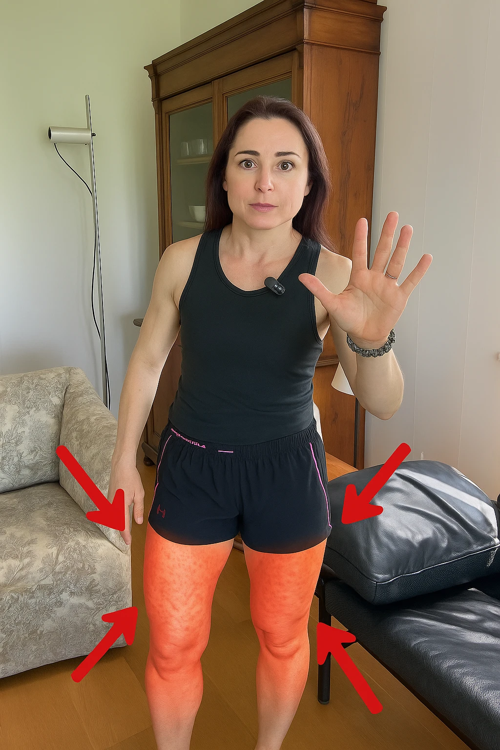 Donna con cellulite sulle cosce indica le cosce che sono infiammate di cellulite emoji