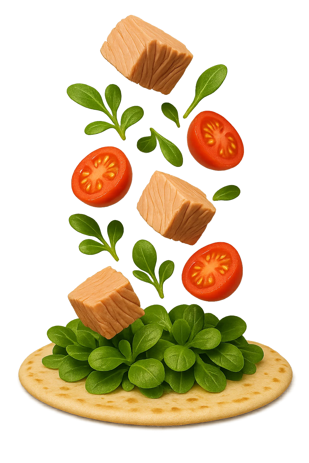 EMOJI STILE IPHONE DI con tonno, valeriana e pomodorini cadono verticalmente su una piadina, iperrealistica 4k emoji