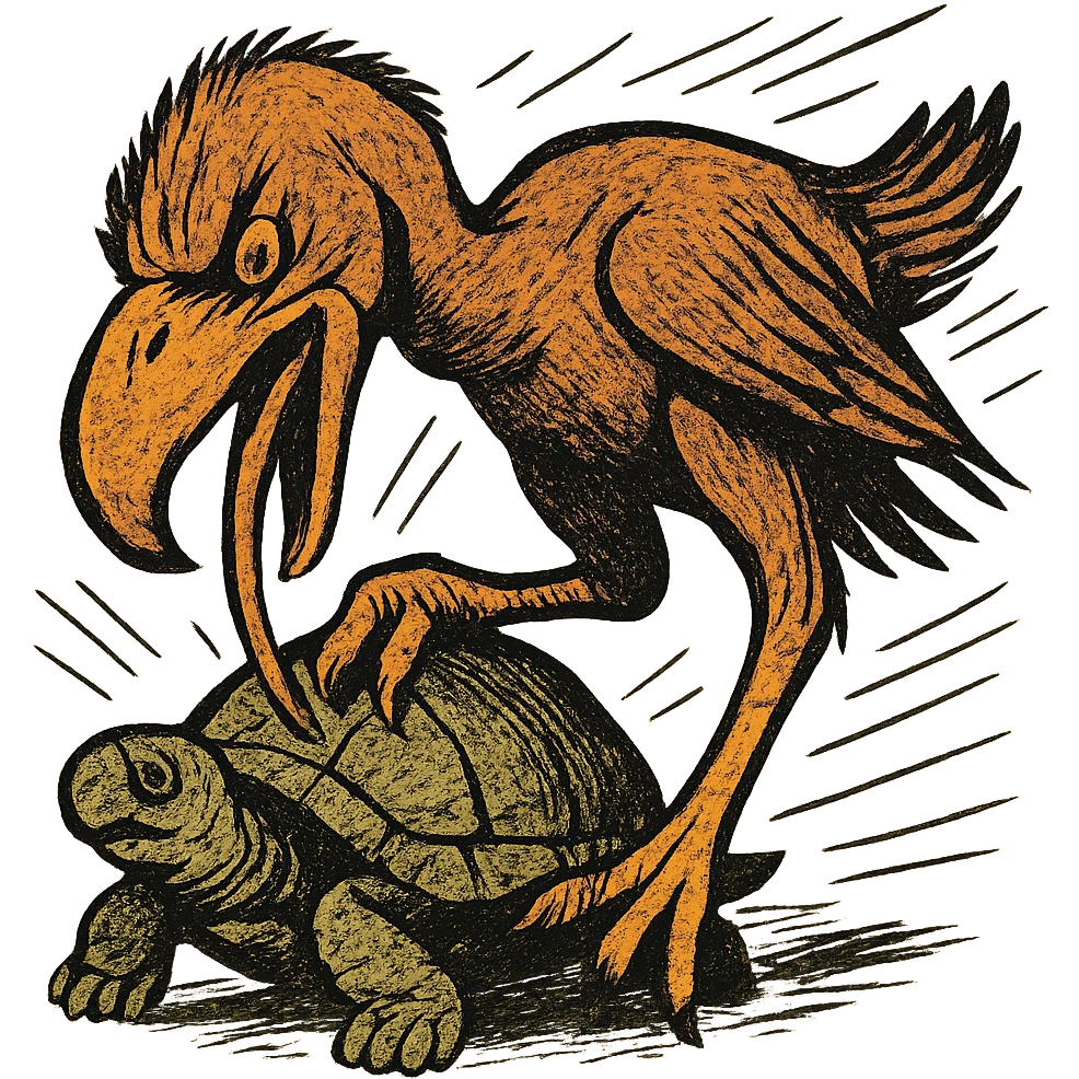 an insignia for a flag: a strange foreign alien bird creature, resembling a prehistoric phorusrhacos, gripping a upturned tortoise with a claw with its' beak tearing down into it
 emoji
