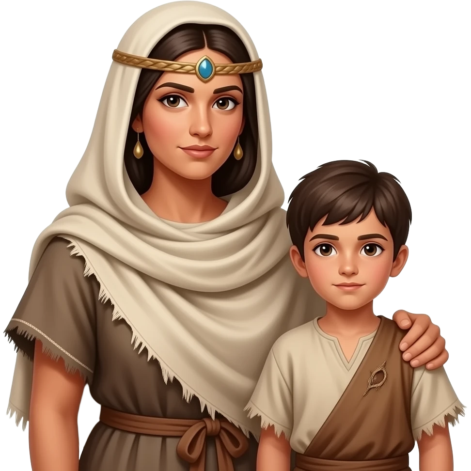 A Jewish nomadic woman a little boy, wearing old tattered draped clothing from biblical times emoji