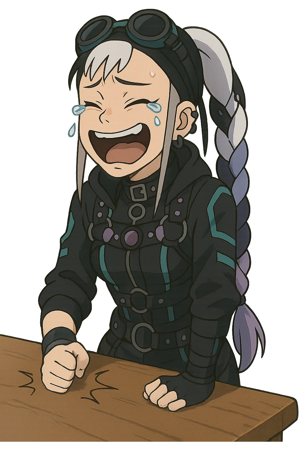 1 female, single long white braid with lavender tips. Cybergoth futurepunk, crying from laughter, pounding her fist on a table, “wheeze emoji” facial expression, hilarious  emoji