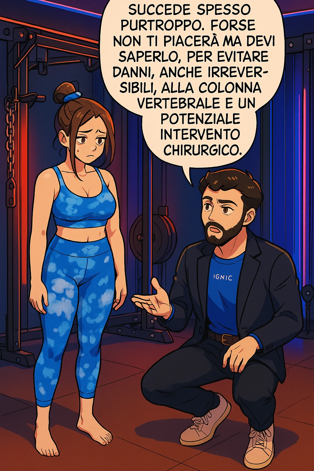 fai questa immagine in versione manga/webtoon a colori, il manga mostra l'uomo che risponde alla donne:
Succede spesso purtroppo. 
Forse non ti piacerà ma devi saperlo, per evitare danni, anche irreversibili, alla colonna vertebrale e un potenziale intervento chirurgico. emoji