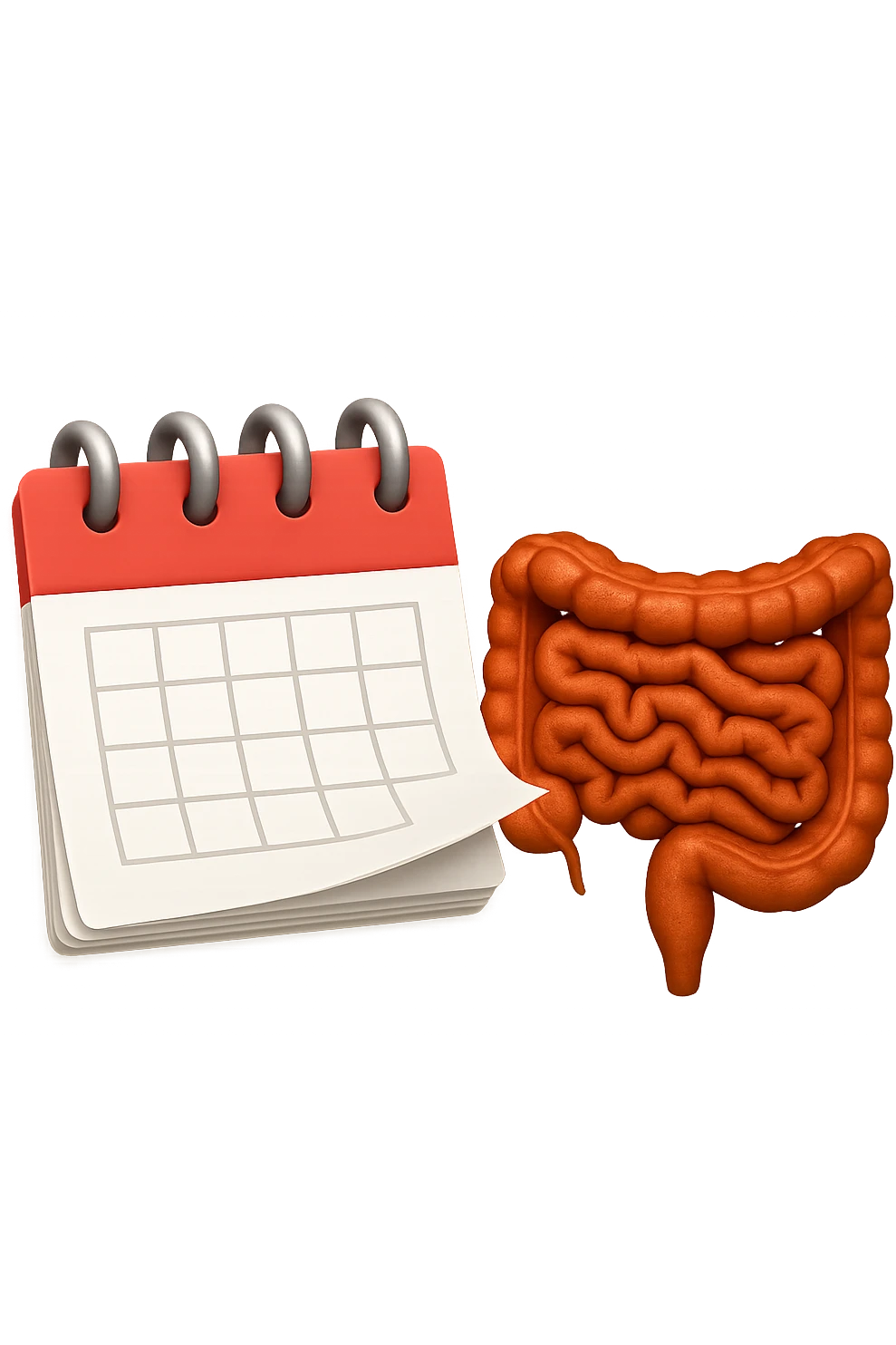 emoji stile iphone di un calendario con fogli che volano insieme a pezzi anatomici di colon umano, iperrealistico 4k, isolato su sfondo bianco emoji