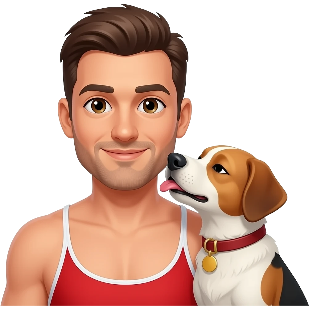 Male dog licking man in red bikini's neck emoji
