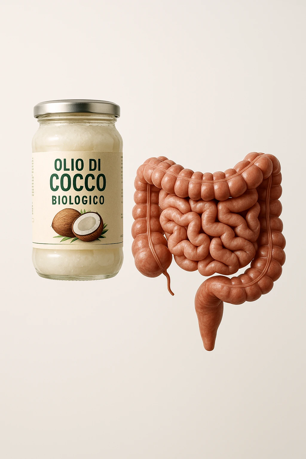 BOCCETTA DI OLIO DI COCCO BIOLOGICO (FAI UN ETICHETTA SUL PRODOTTO IN ITALIANO) CHE FLUTTUA IN ARIA INSIEME A UN INTESTINO UMANO ANATOMICO IN PERFETTA SALUTE, SFONDO CHIARO, iperrealistico 4k emoji
