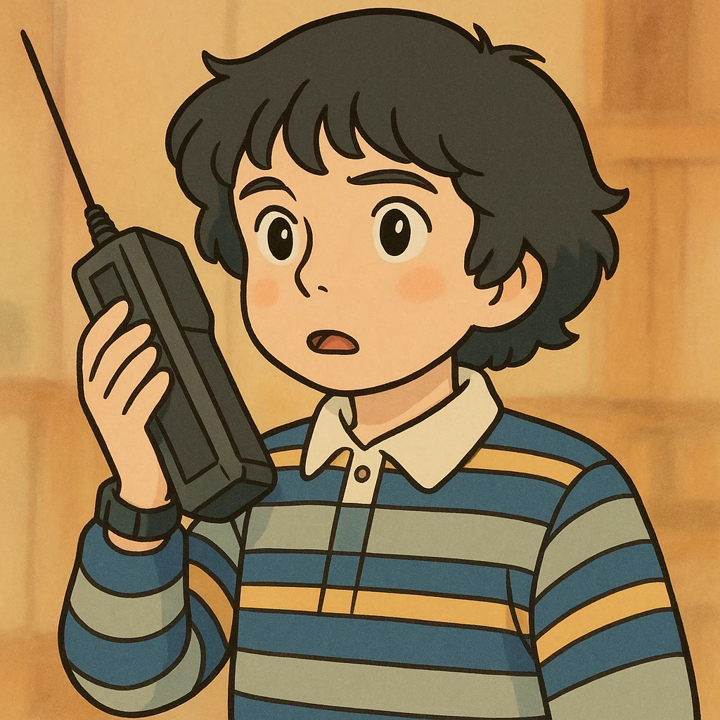 Recreate Mike Wheeler inspired by the reference photo, with a simple and delicate line style, colored in pastel tones, with very thick and dark contours, in Ghibli style, square format 1:1. emoji