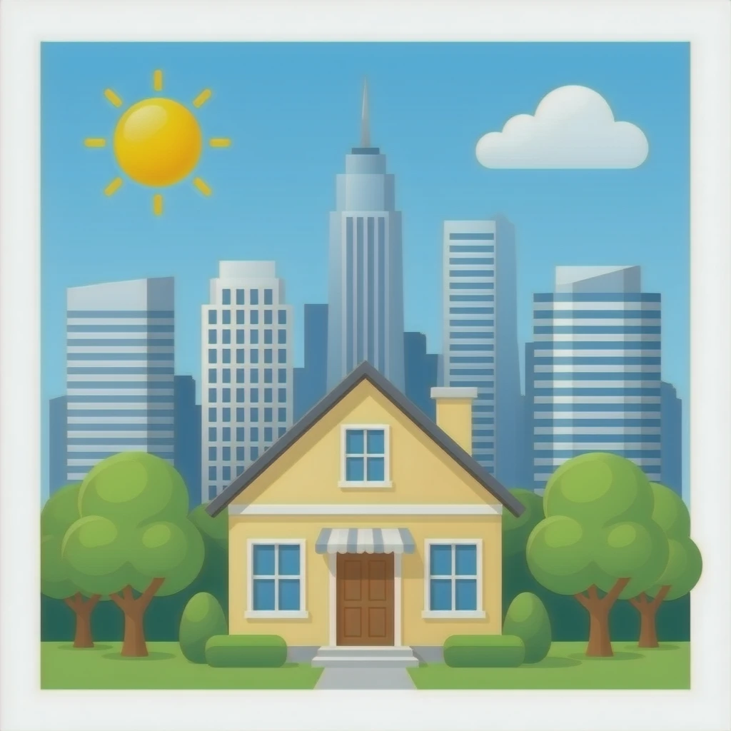 a house and tall office buildings without clouds emoji