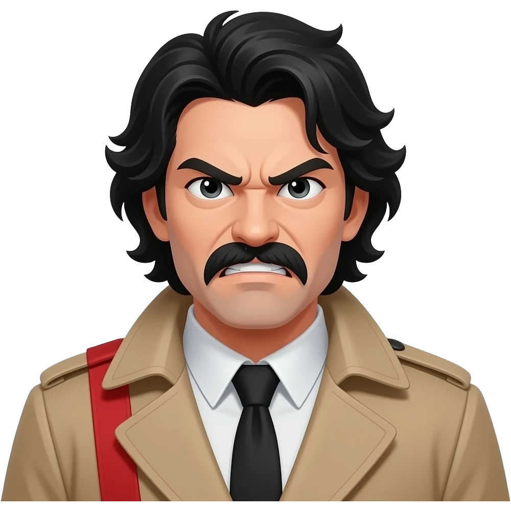 An angry man with black waves hair and a black toothbrush mustache specifically the style of mustache and he is in a trench coat with a red shoulder band. emoji