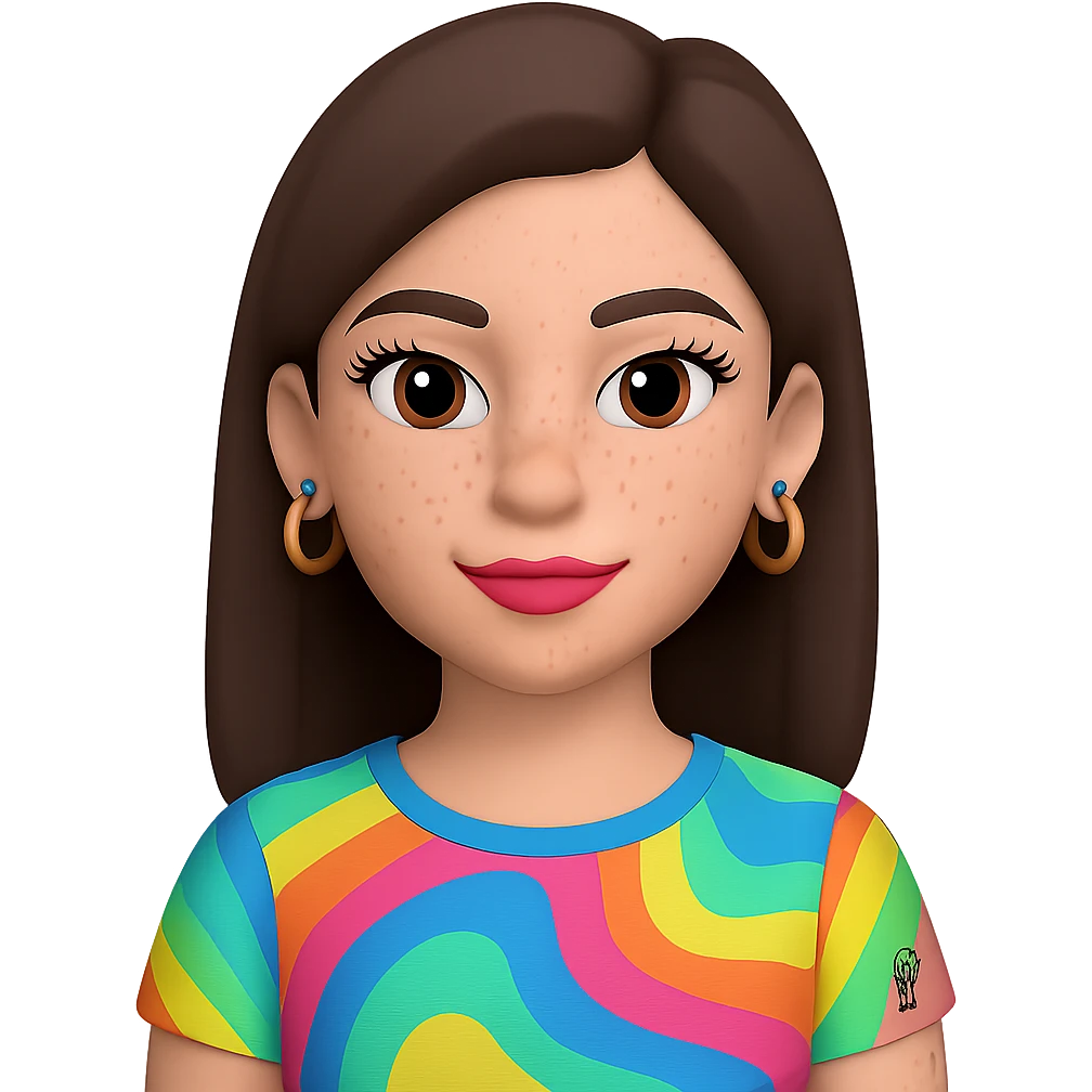 Change the skin to white, add freckles on the cheeks and nose, and ensure the hair is straight, keeping the rest the same. The subject is a female Memoji with an oval face, elegant makeup, long dark brown hair, colorful top, and a small visible tattoo on the arm. Maintain the transparent background. emoji