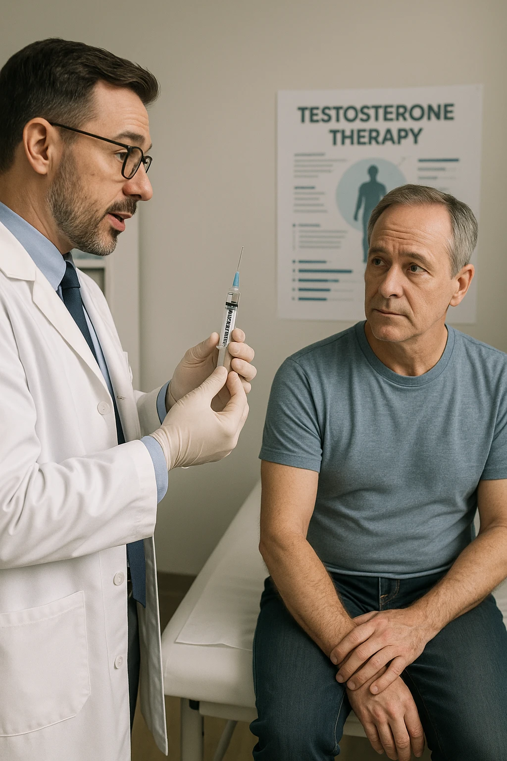 a doctor in a white coat prepares a syringe labeled “Testosterone” while a middle-aged man sits calmly on the examination table, sleeve rolled up and looking slightly apprehensive but trusting. The doctor explains the procedure, and a medical chart about testosterone therapy is visible in the background. The mood is professional and reassuring. emoji