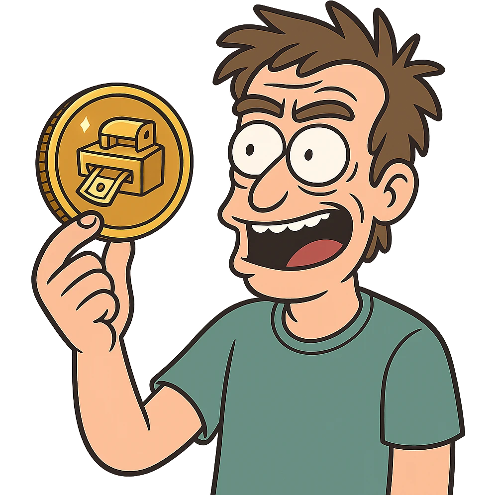 shiny coin with a miniature money printer illustration in the center, cartoon style emoji