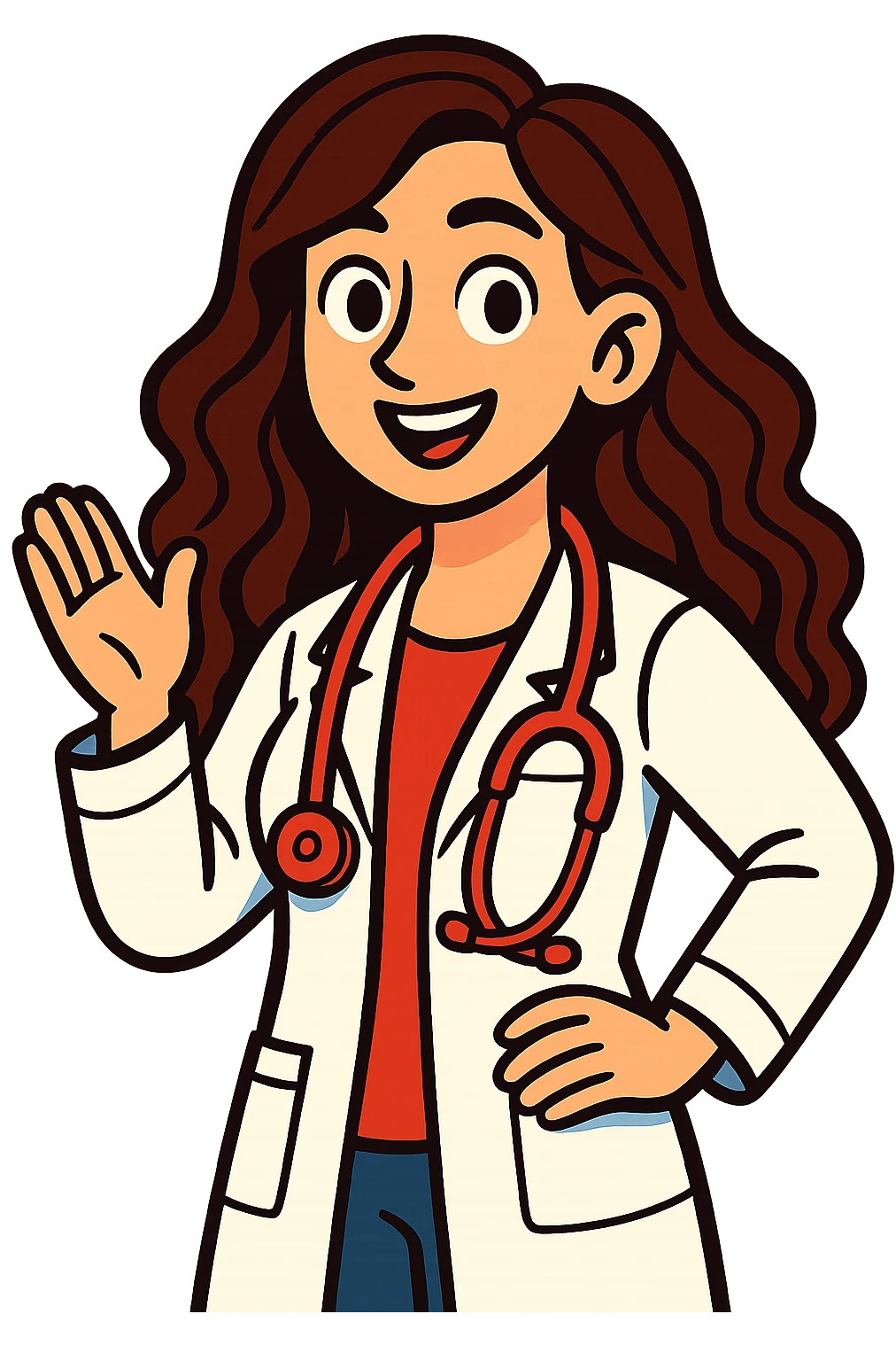 white-skinned female doctor with long wavy brown hair, wearing a white coat, red shirt underneath, red stethoscope around neck, vibrant cartoon style emoji