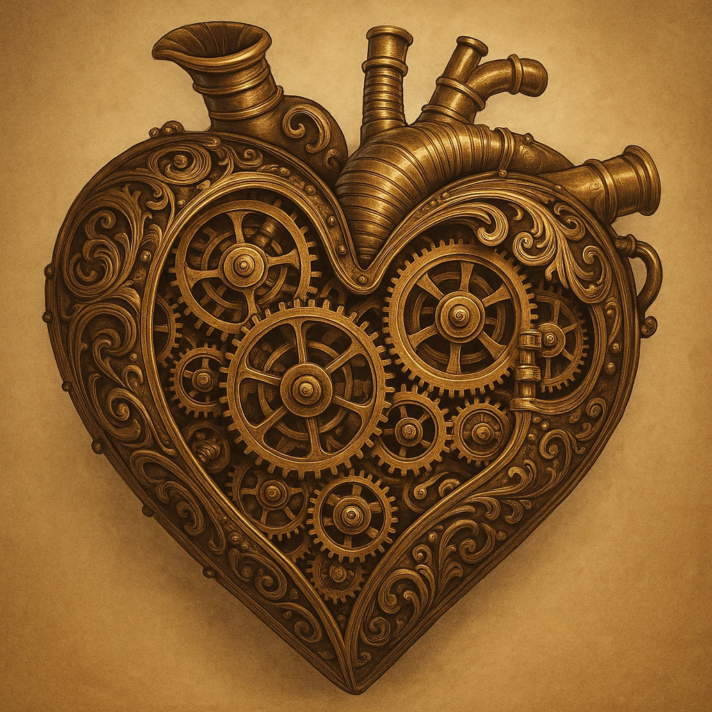 steampunk heart with intricate gears, brass and copper, Victorian mechanical style, detailed and ornate emoji