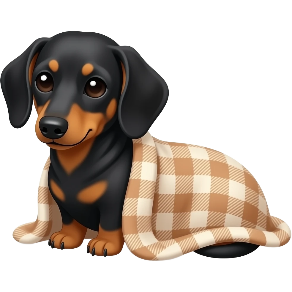 Cute black and tan dachshund cuddled in a gingham blanket emoji