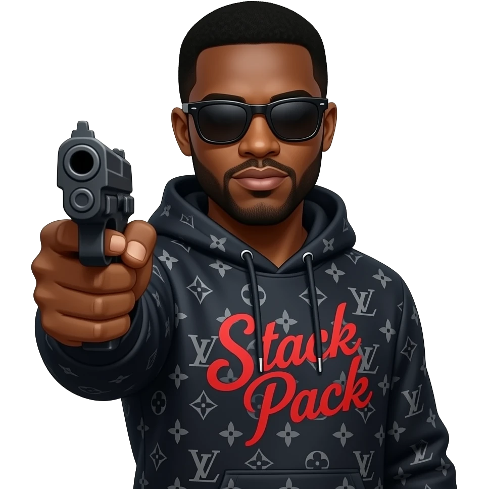 Black guy named Stackpack Louis Vuitton hoodie that says stack pack on it black shades on it with a laser gun make sure the font on the hoodie is cursive red lazer pointed at camera emoji