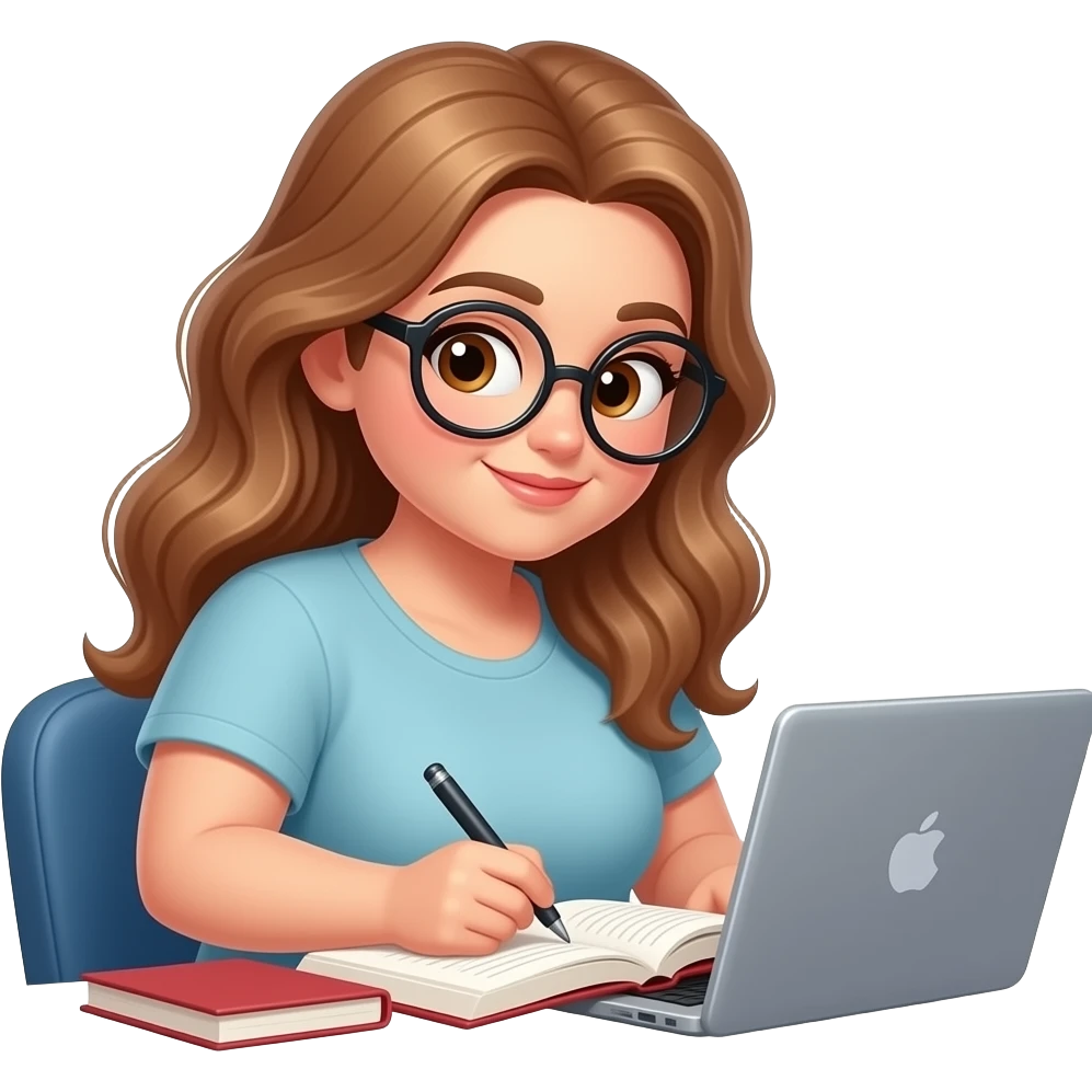 detailed emoji illustration of a curvy woman with long light brown wavy hair, light brown eyes and round glasses writing her book on a laptop, focused creative expression, cozy writer vibe, cute emoji style emoji