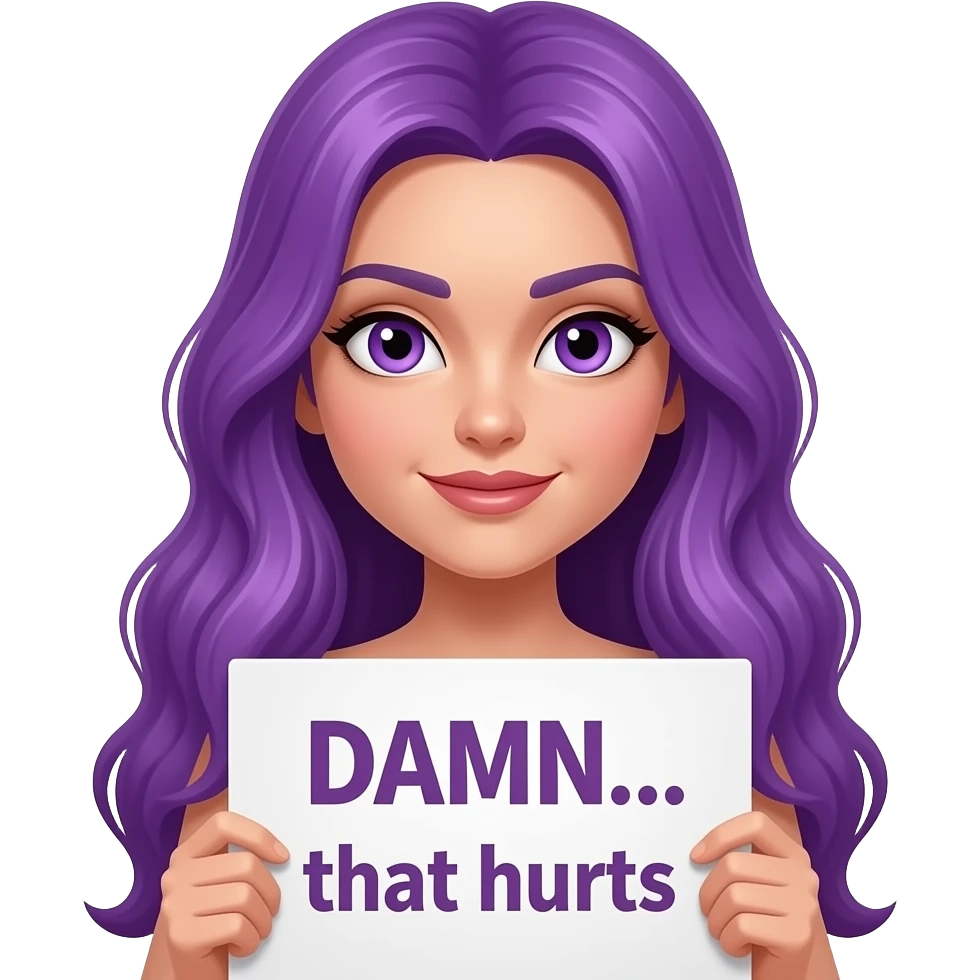 sexy girl with long purple hair and purple eyes holding DAMN... that hurts sign emoji