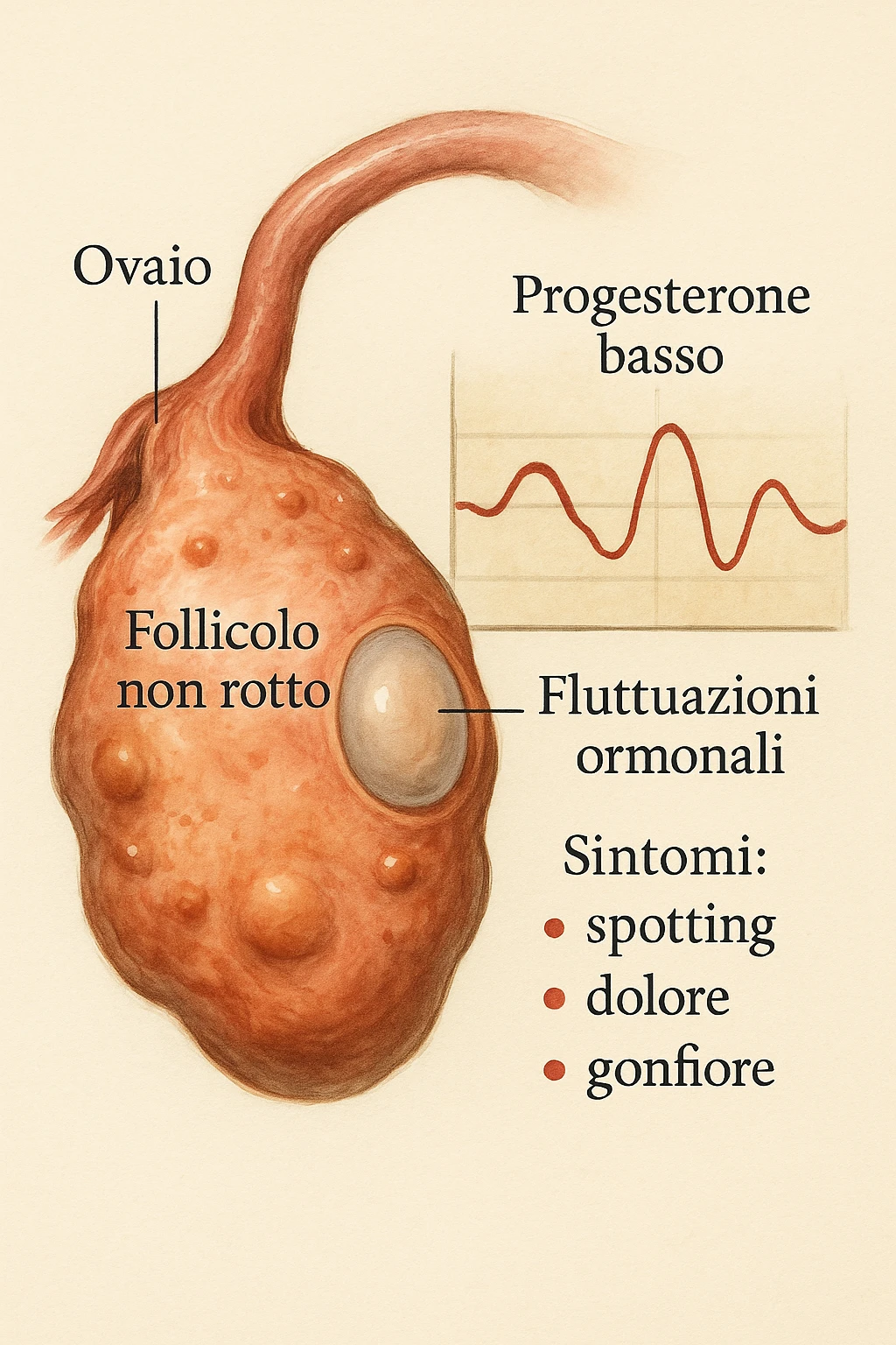 realistic and cinematic illustration of an ovary with an unruptured follicle, low progesterone, hormonal fluctuations, symptoms of spotting, pain and swelling, clinical details, captions in Italian emoji