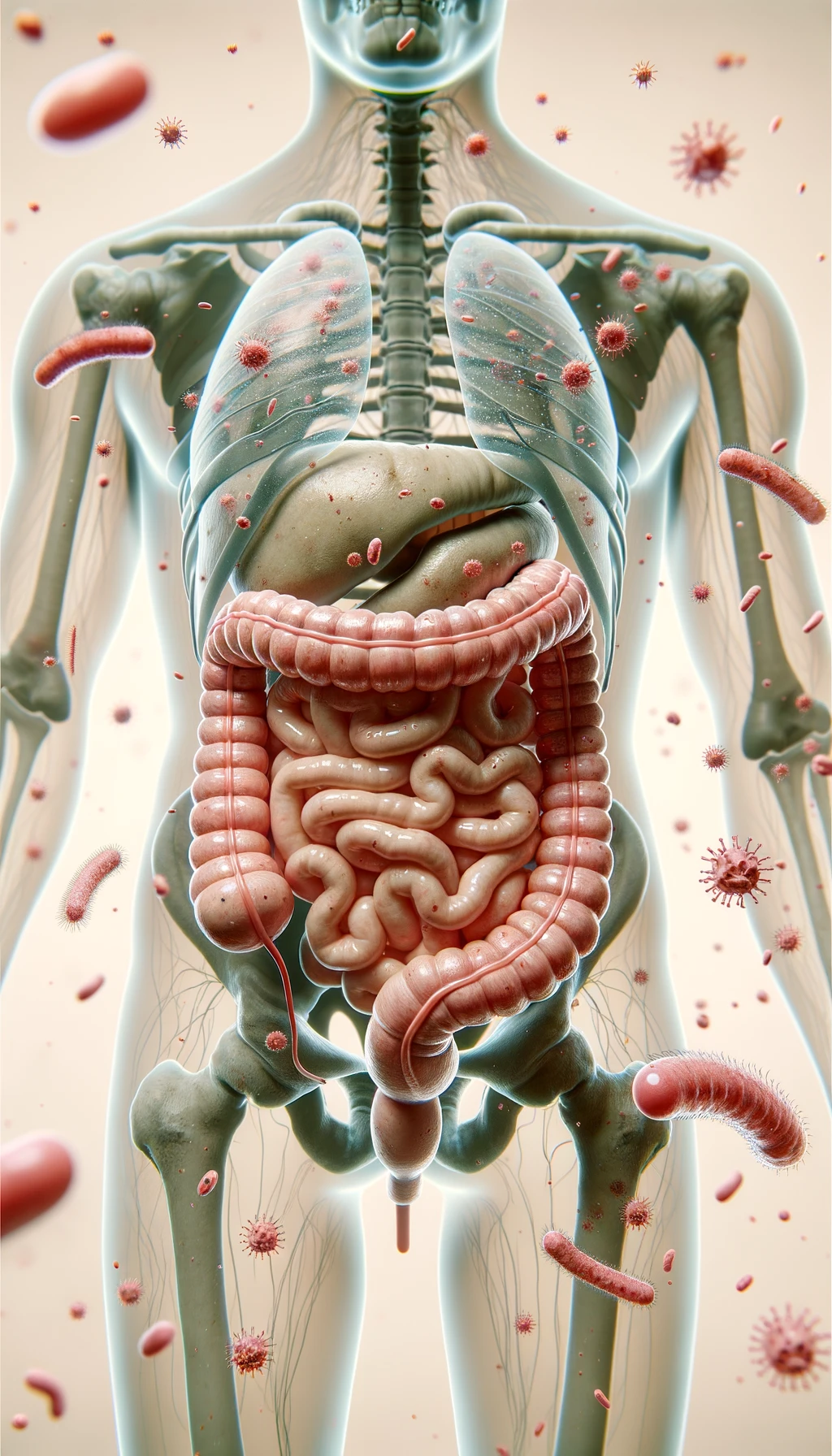intestino umano anatomico con batteri e parassiti che gli fluttuano dietro, sfondo beige molto chiaro, iperrealistico 4k emoji