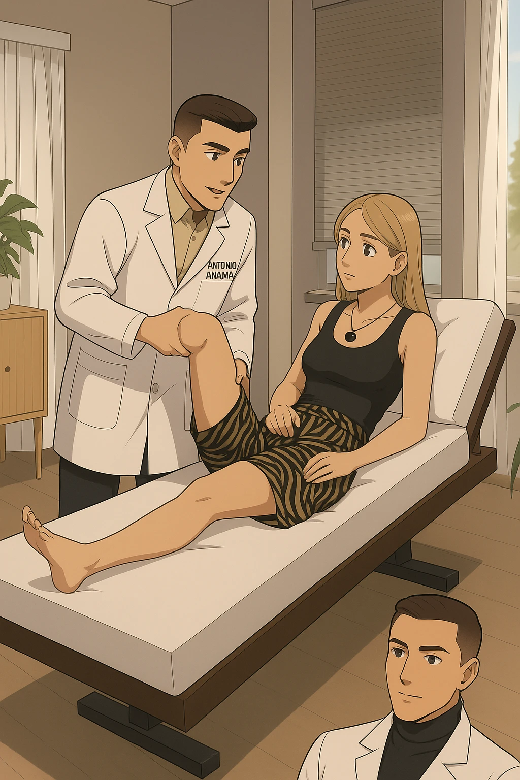 fai un webtoon/manga a colori con questo kinesiologo in camice bianco (fagli la scritta "ANTONIO ANANIA" SUL CAMICE) CHE SVOLGE UN TEST NEUROMUSCOLARE SOLLEVANDO UNA GAMBA ALLA RAGAZZA CHE è STESA SU UN LETTINO BIANCO. STANZA SEMPLICE E MODERNA, DURANTE IL TEST I DUE DIALOGANO TRA LORO. NON FARE I FUMETTI, FAI SOLO LORO COME SE DIALOGASSERO emoji
