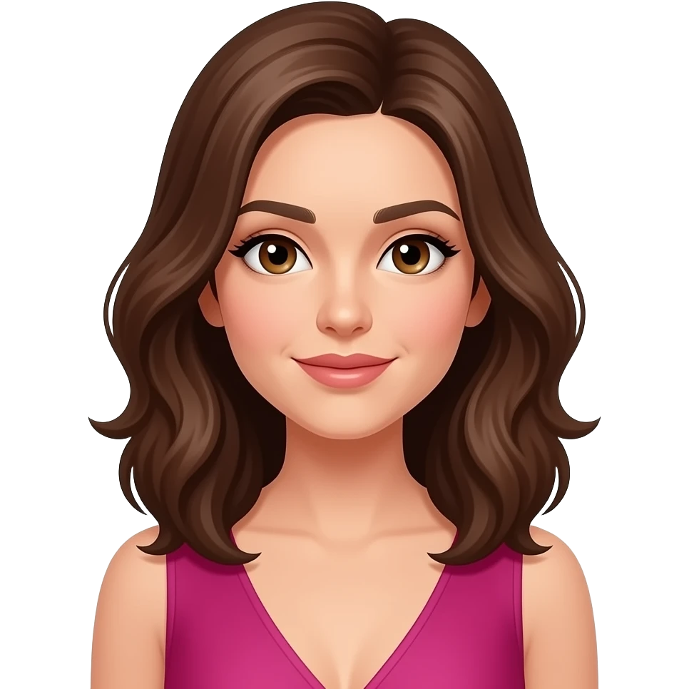 femme, cheveux mi-longs bruns ondulés, yeux noisette, en robe fushia emoji