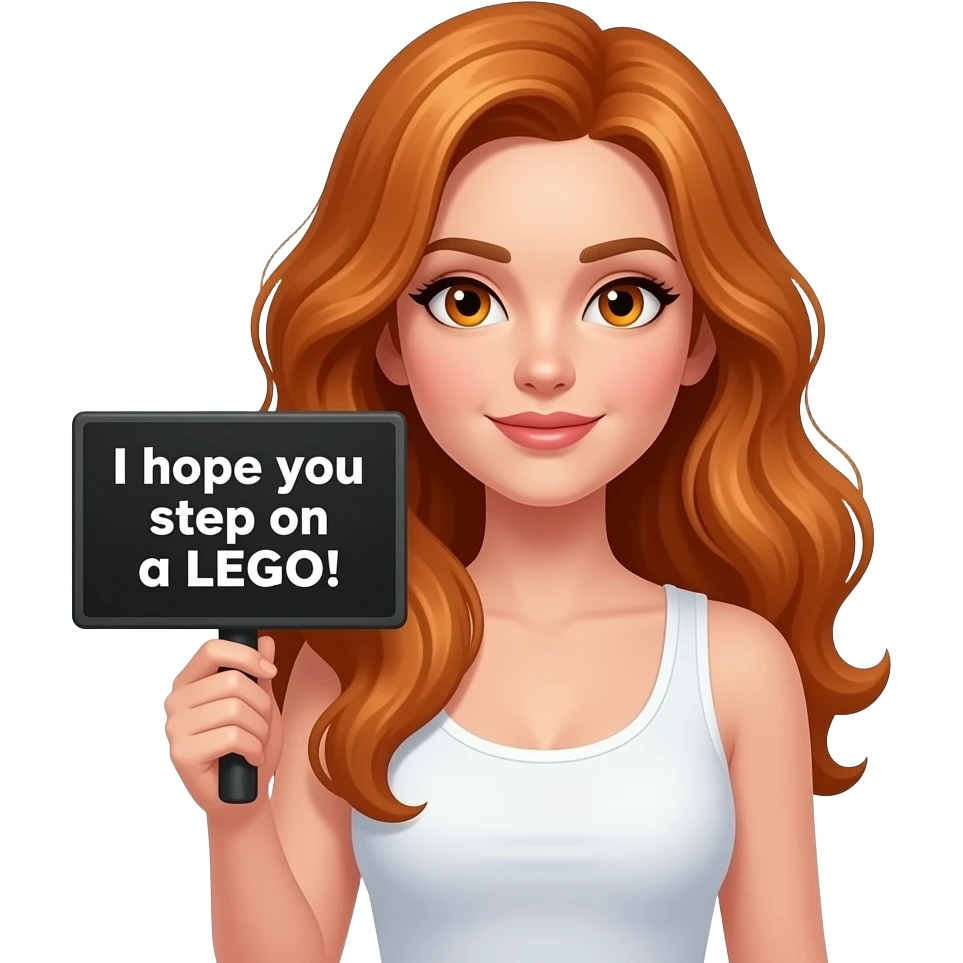 sexy girl with long wavy ginger hair and ginger eyes wearing a white tanktop is holding a black colored sign with I hope you step on a LEGO! written on it emoji
