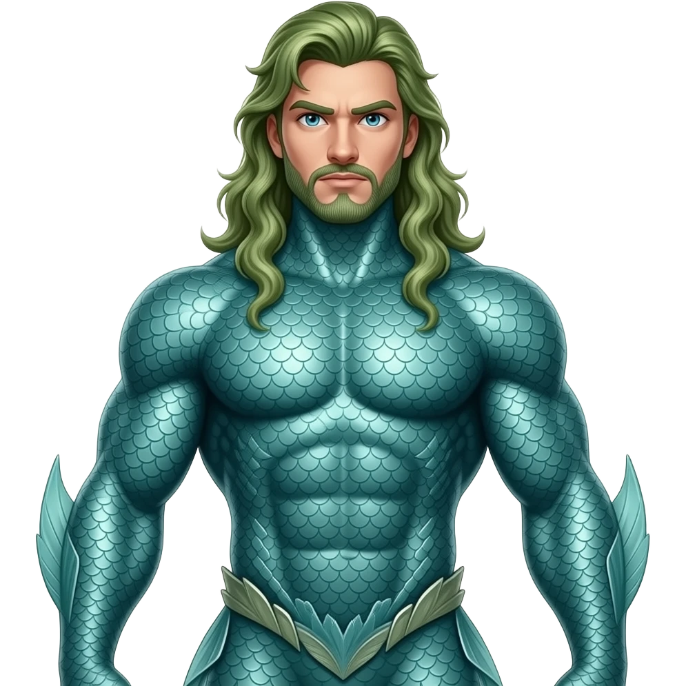 Superhero sea king all fish skin green golden brown hair very tall with gills blue eyes full body emoji