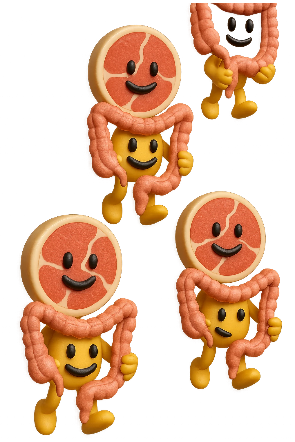 emoji stile iphone in 3d di fette di carne che cadono verticalmente dall'alto tenendo tra le mani pezzi di colon umano, iperrealistico 4k emoji